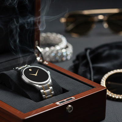 Watch in a wooden box with jewelry and sunglasses on a dark surface